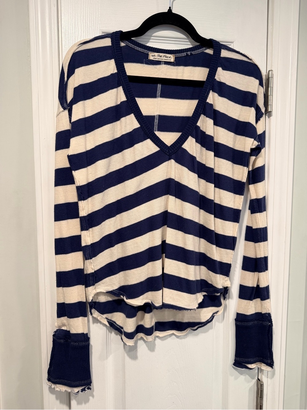 NWOT Free People We The Free Size L Blue Cream Striped Thermal Knit V Neck Top